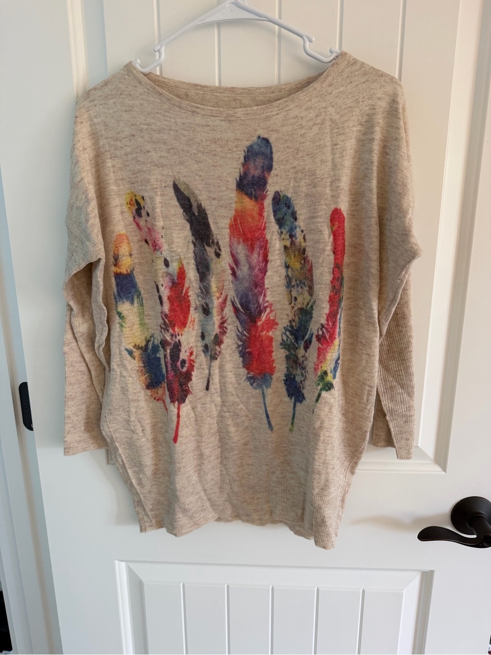 Beige Sweater with Colorful Feather Print
